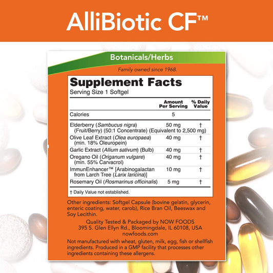 Close-up of NOW Allibiotic softgels highlighting easy-to-swallow capsules for everyday wellness.