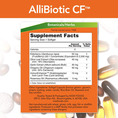 Close-up of NOW Allibiotic softgels highlighting easy-to-swallow capsules for everyday wellness.