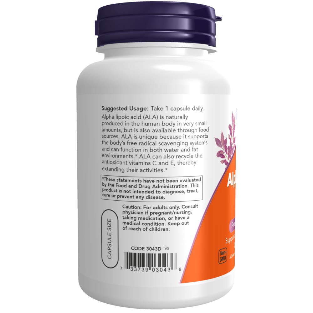NOW Foods Alpha Lipoic Acid 250mg capsules closeup, easy-to-swallow vegetarian capsules