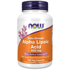 NOW Foods Alpha Lipoic Acid 600 mg bottle highlights potency for antioxidant support