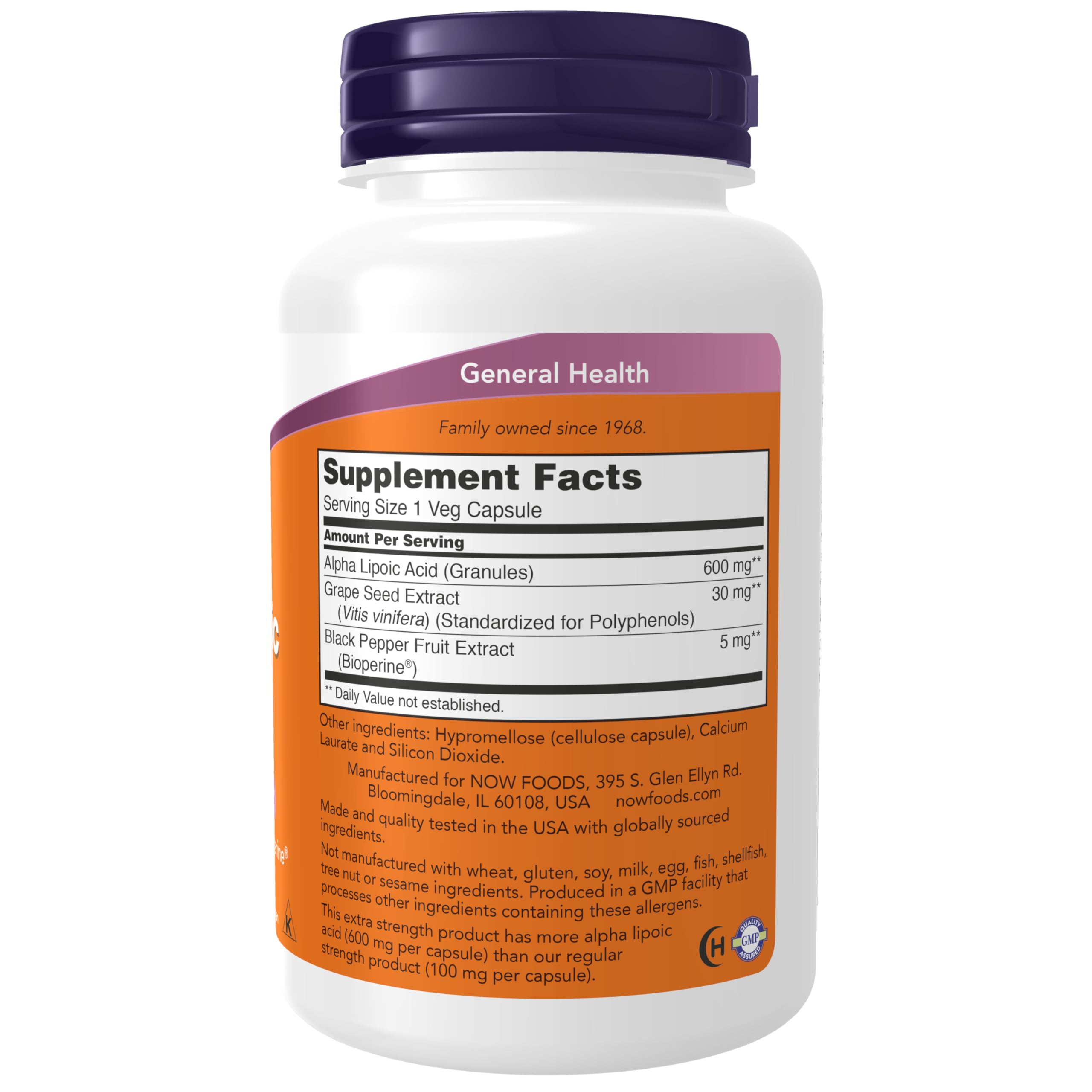 NOW Foods Alpha Lipoic Acid capsules inside emphasize extra strength for daily wellness