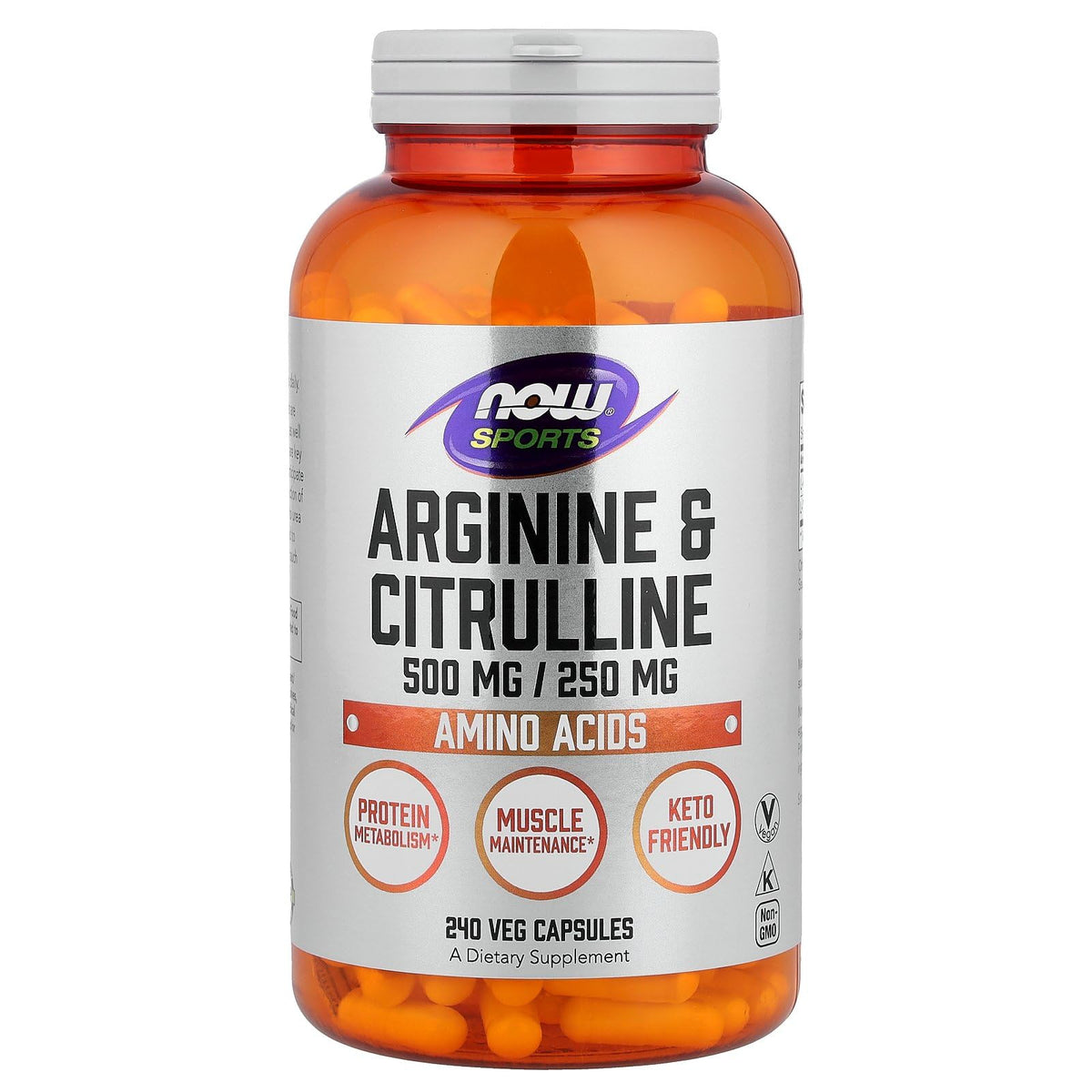 NOW Foods Arginine & Citrulline label highlights protein metabolism support