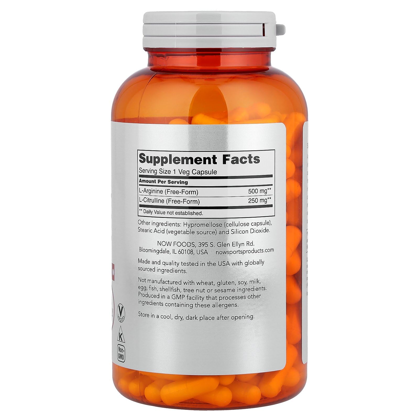 NOW Foods Arginine & Citrulline capsules on bottle illustrating convenient daily supplementation