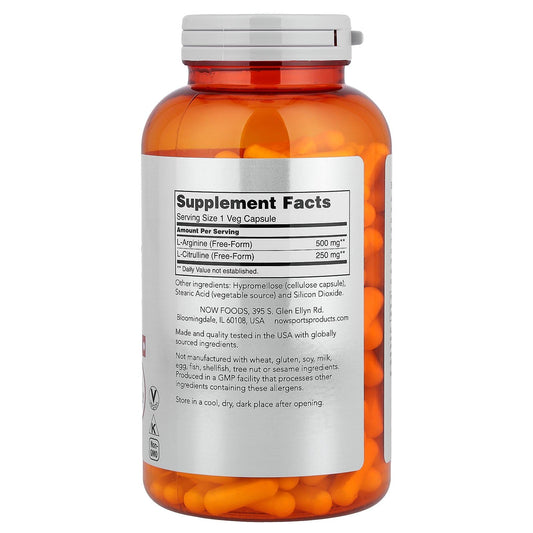 NOW Foods Arginine & Citrulline capsules on bottle illustrating convenient daily supplementation