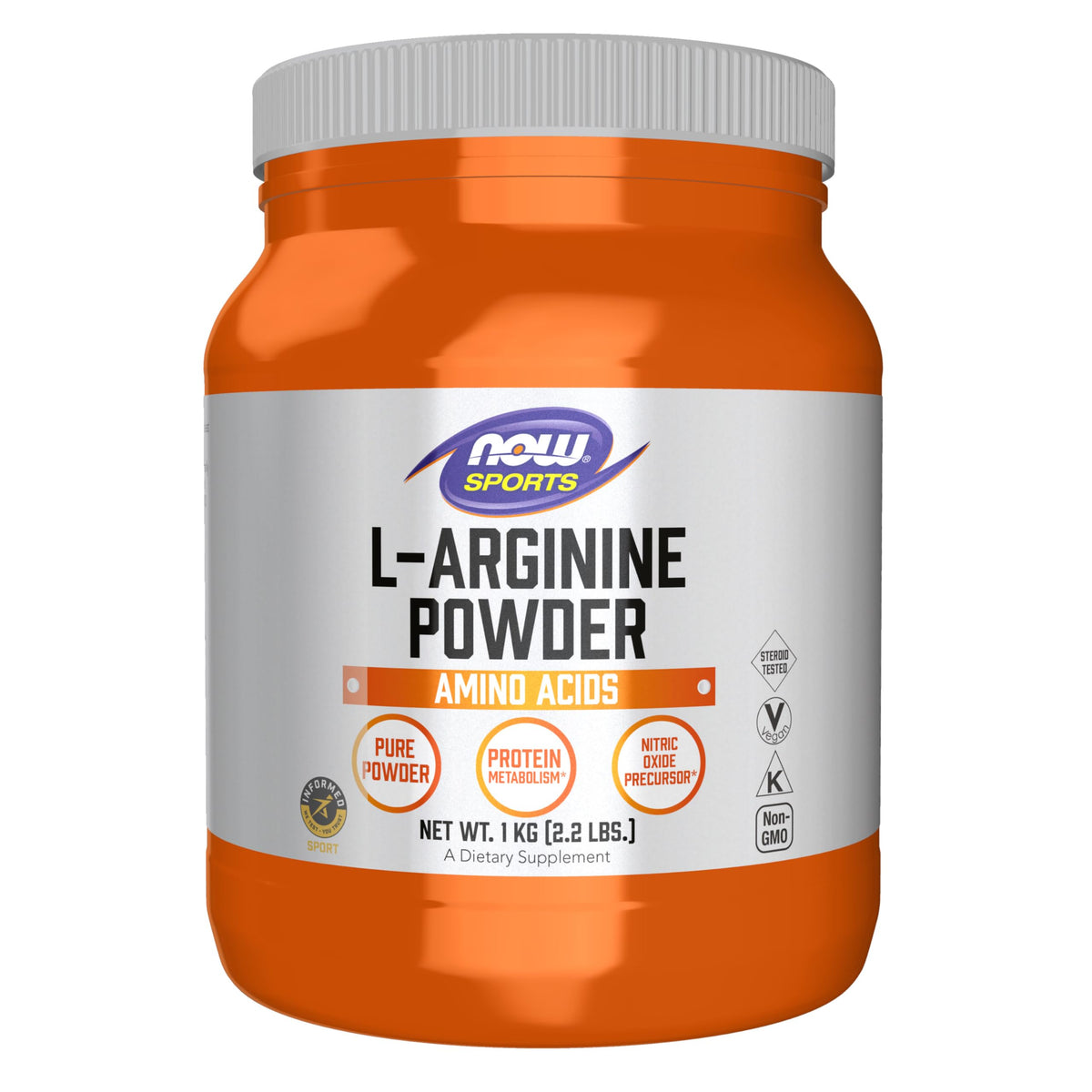 NOW Foods L-Arginine powder bottle, highlighting nitric oxide precursor for workouts