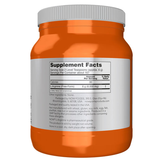 NOW Foods L-Arginine powder scoop, showing precise dosing for daily amino acid support