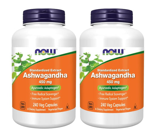 NOW Foods Ashwagandha extract bottle with 450 mg capsules for daily adaptogen support.