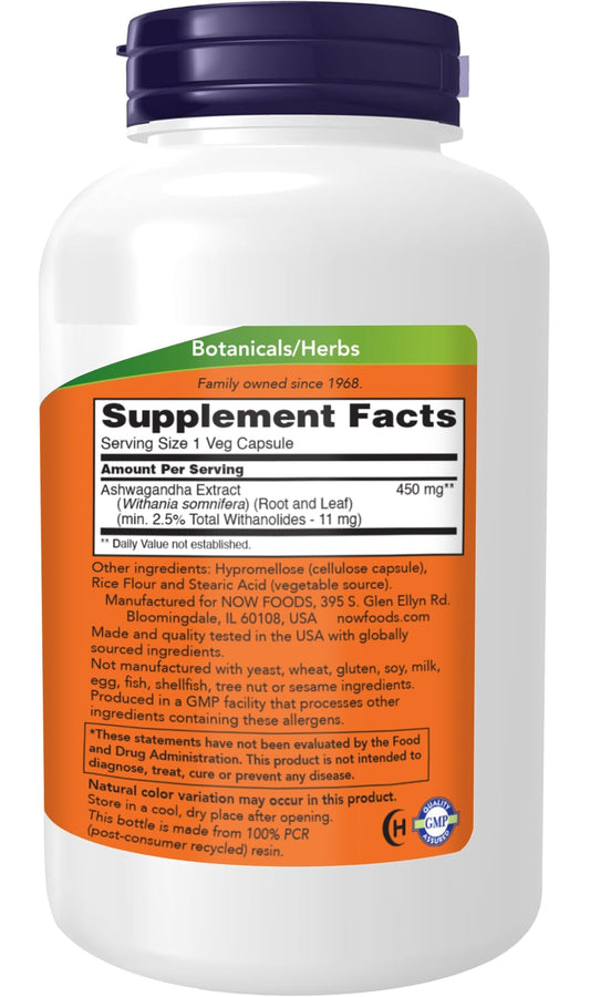 NOW Foods Ashwagandha capsules on shelves for convenient daily wellness routine.