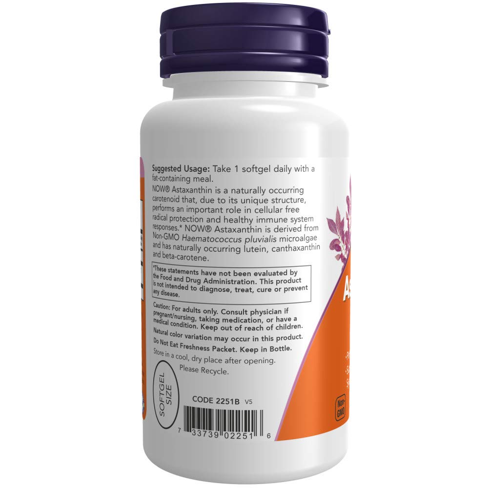 NOW Foods Astaxanthin softgels bottle back provides nutrition details