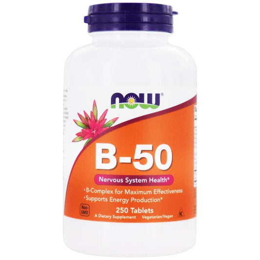 NOW Foods B-50 bottle and tablets for daily energy support.