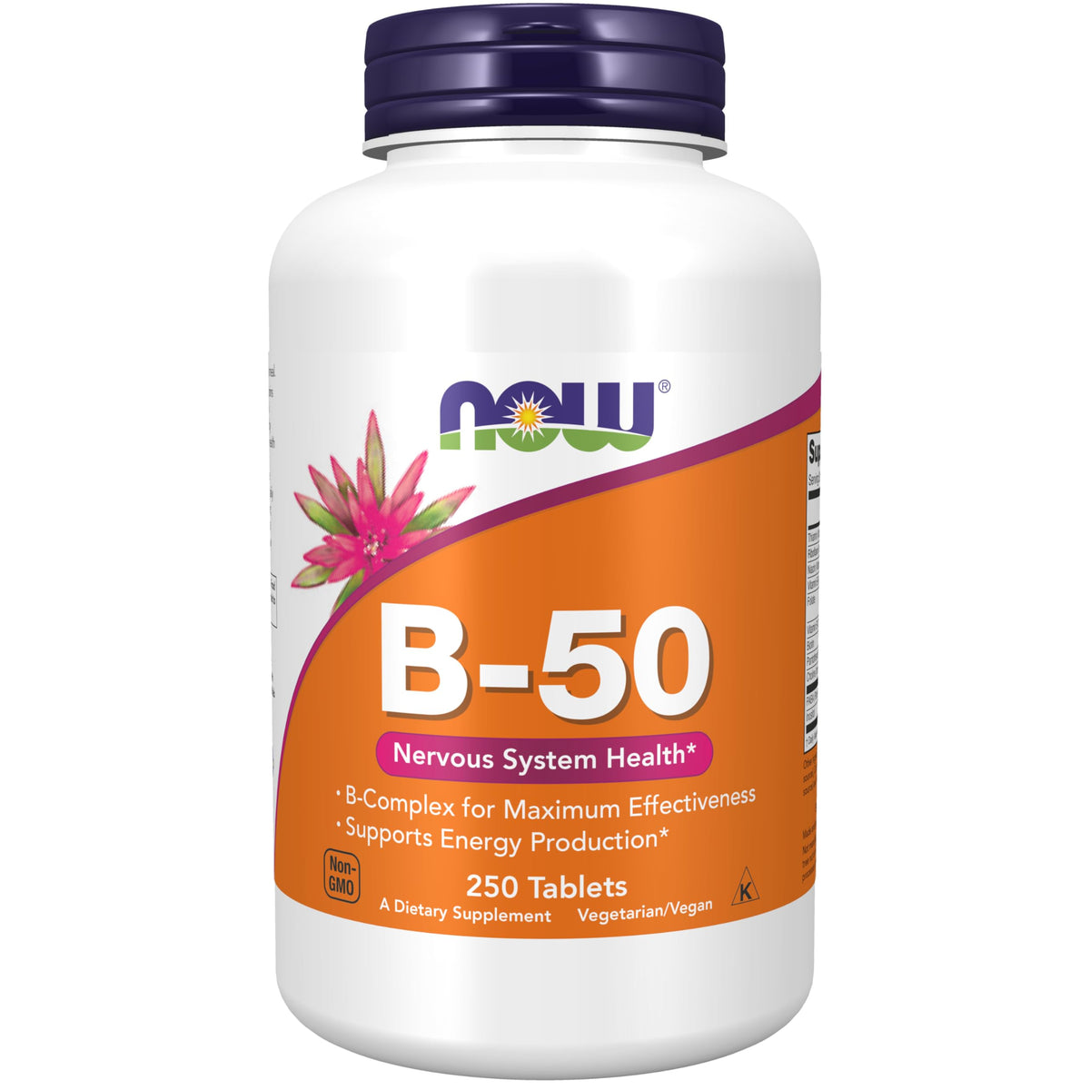 NOW Foods B-50 tablets close-up for convenient daily energy support.