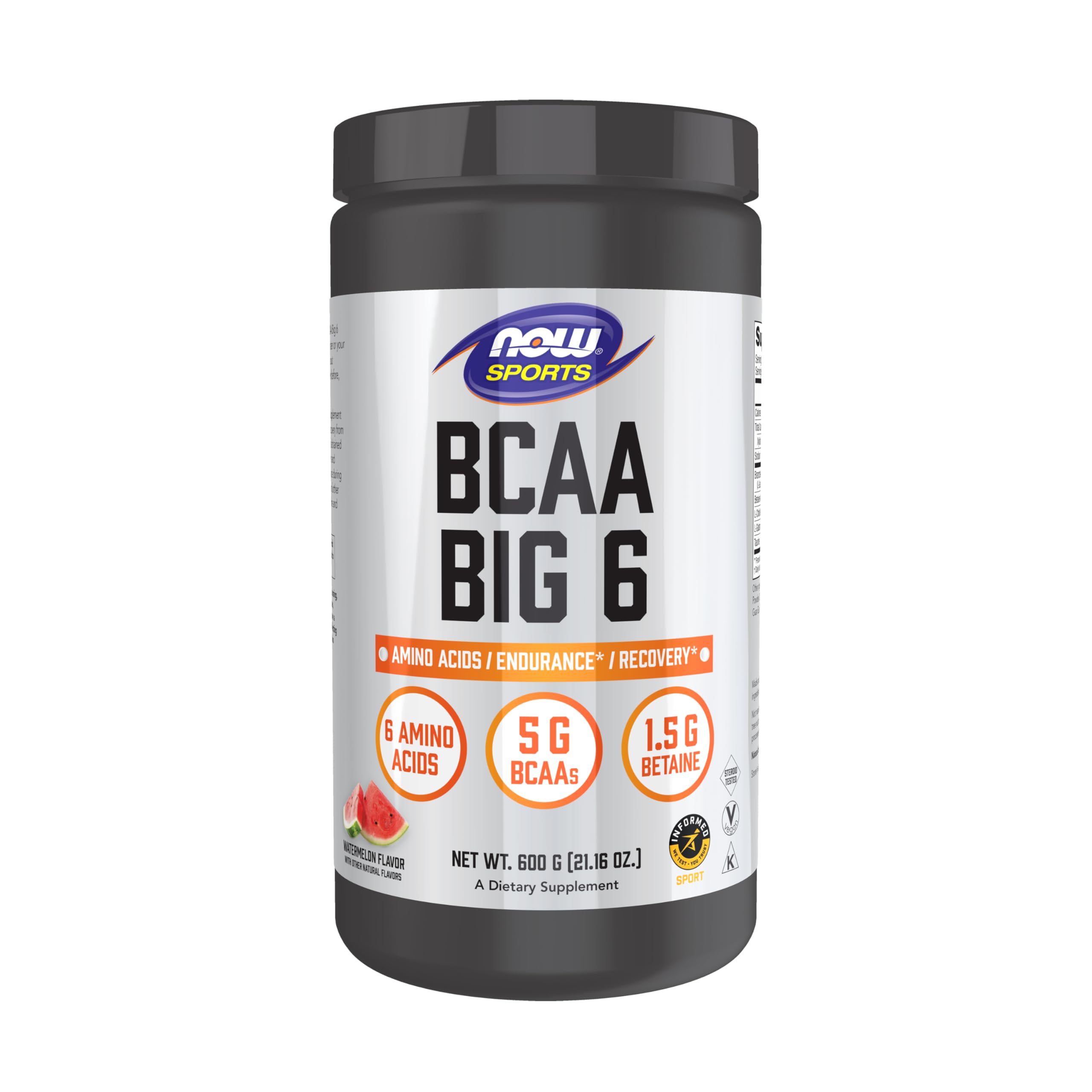 NOW Foods BCAA Big 6 Watermelon bottle showing caffeine free endurance support