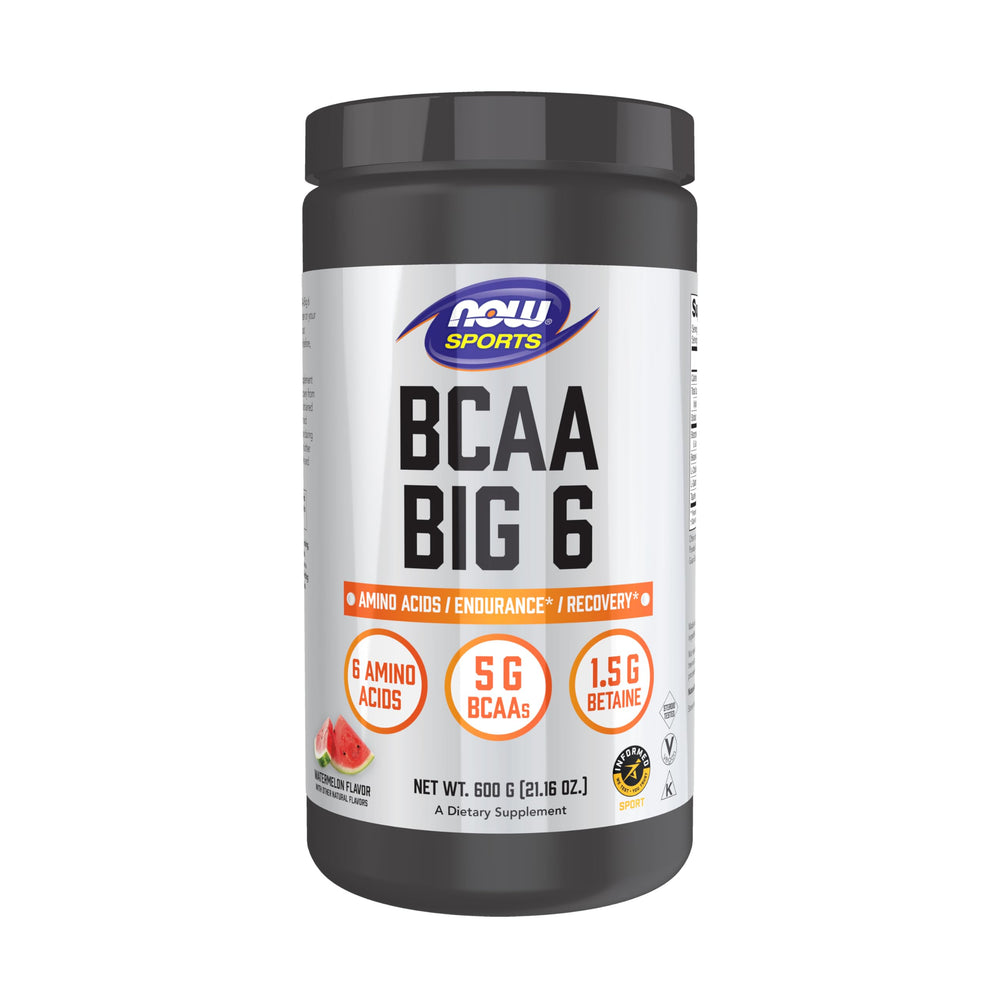 NOW Foods BCAA Big 6 Watermelon bottle showing caffeine free endurance support