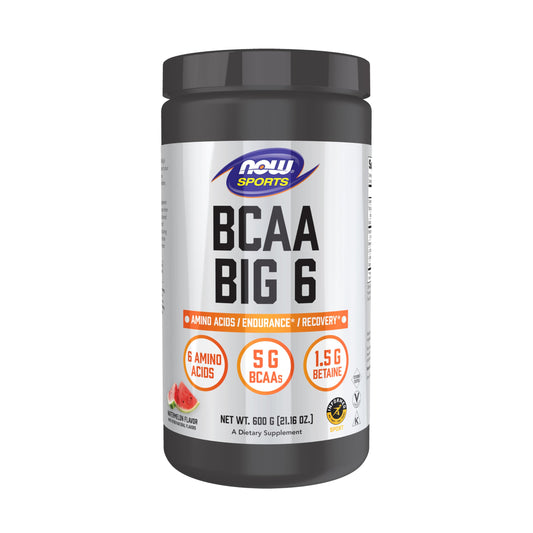 NOW Foods BCAA Big 6 Watermelon bottle showing caffeine free endurance support