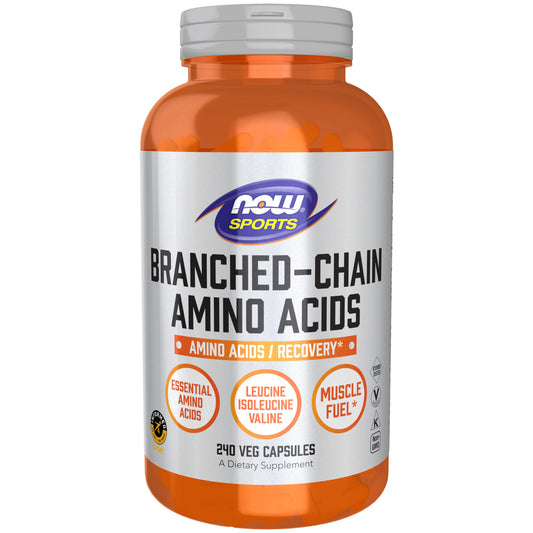 NOW Foods BCAAs bottle showing sealed container for athletic support