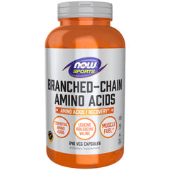 NOW Foods BCAAs bottle showing sealed container for athletic support