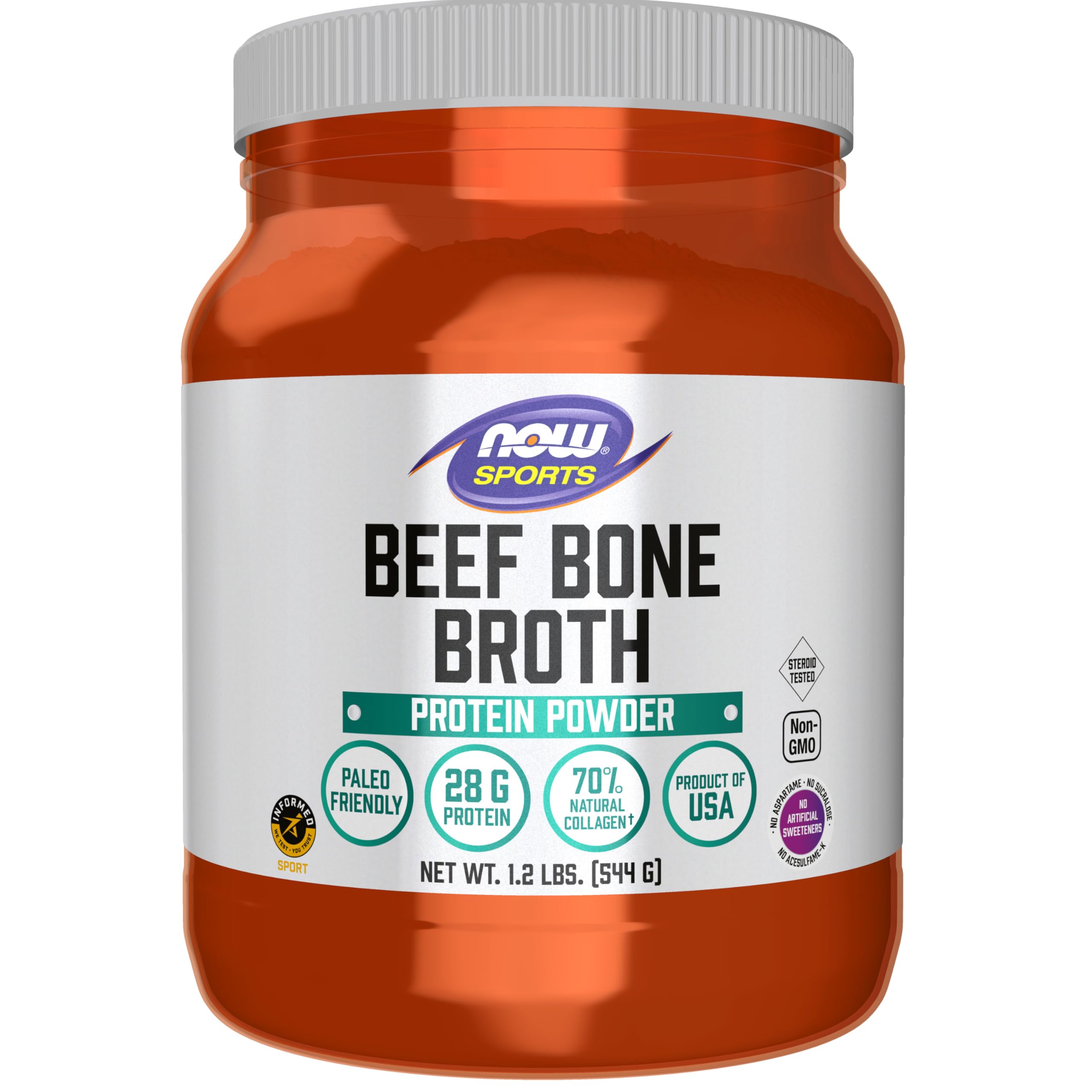 NOW Foods Beef Bone Broth Powder canister highlights premium bone extract for protein