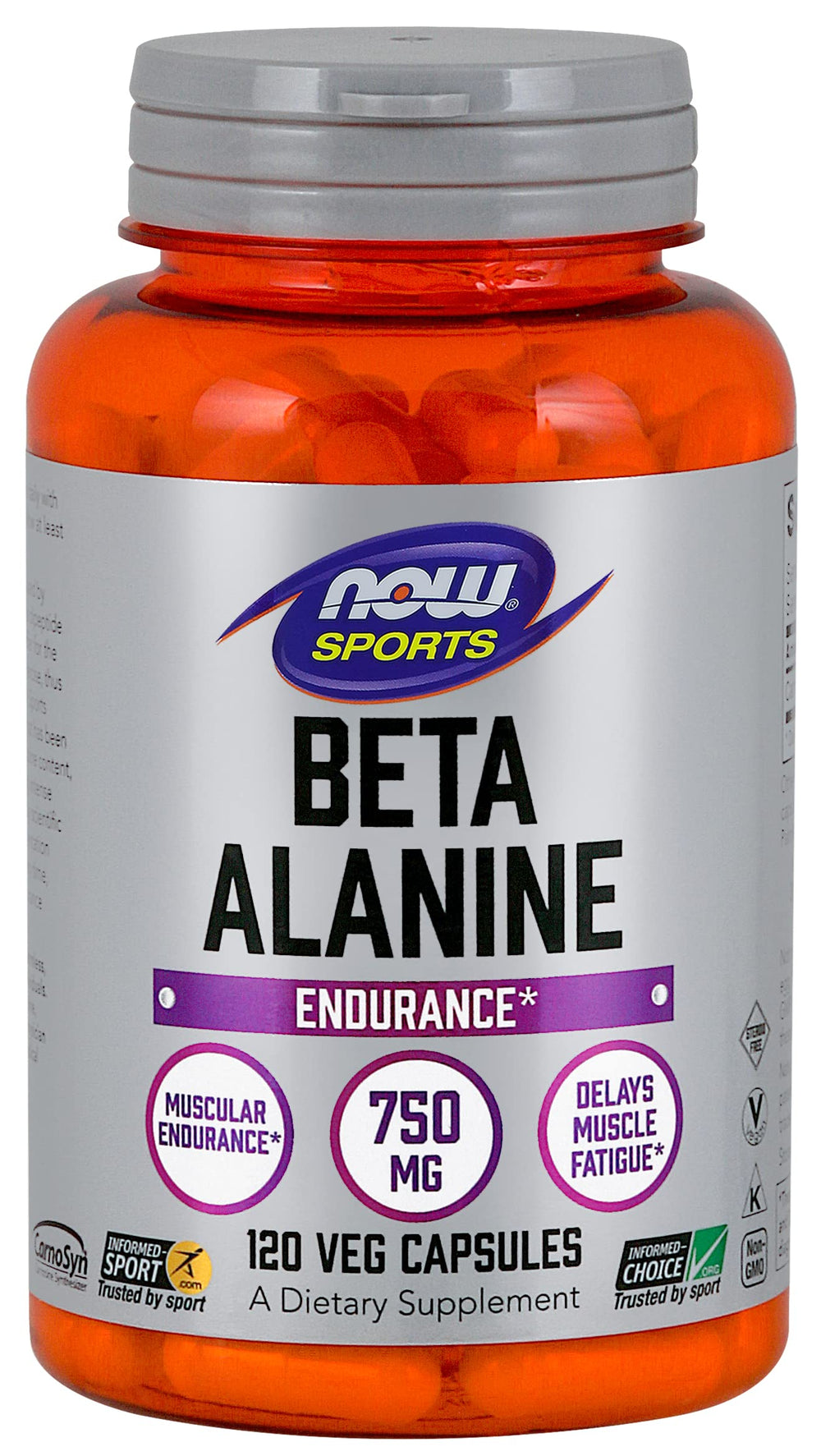 NOW Foods Beta-Alanine bottle cap close-up showing capsules ready for workouts.