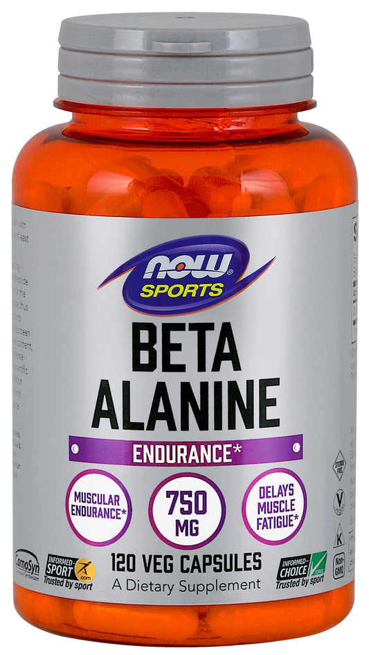 NOW Foods Beta-Alanine bottle cap close-up showing capsules ready for workouts.