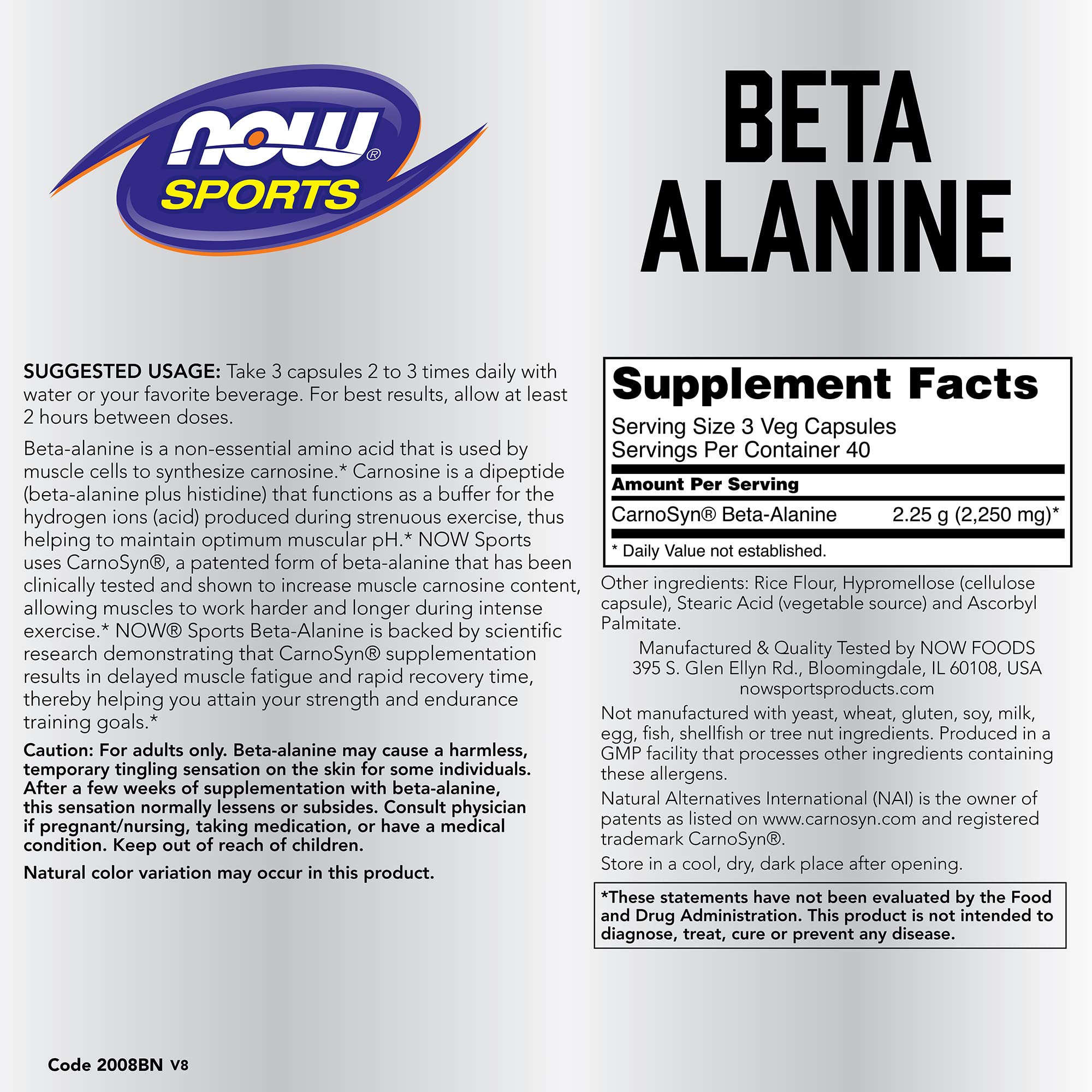 NOW Foods Beta-Alanine capsules on a shelf, easy daily supplementation for endurance.