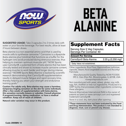 NOW Foods Beta-Alanine capsules on a shelf, easy daily supplementation for endurance.
