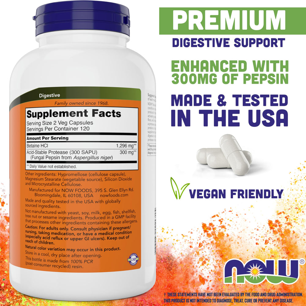 NOW Foods Betaine HCl 648mg pack of 2 bottles for extended supply.