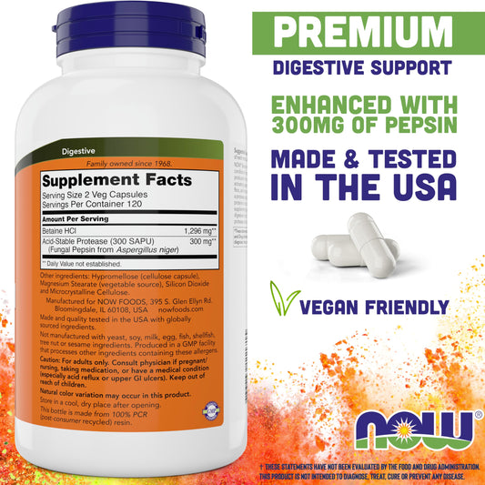 NOW Foods Betaine HCl 648mg pack of 2 bottles for extended supply.
