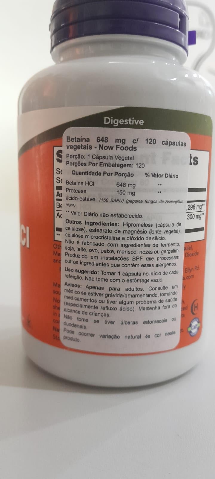 Dosage information label on NOW Foods Betaine HCl Pepsin bottle