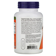 NOW Foods Betaine HCl Pepsin ingredient panel highlights quality formulation