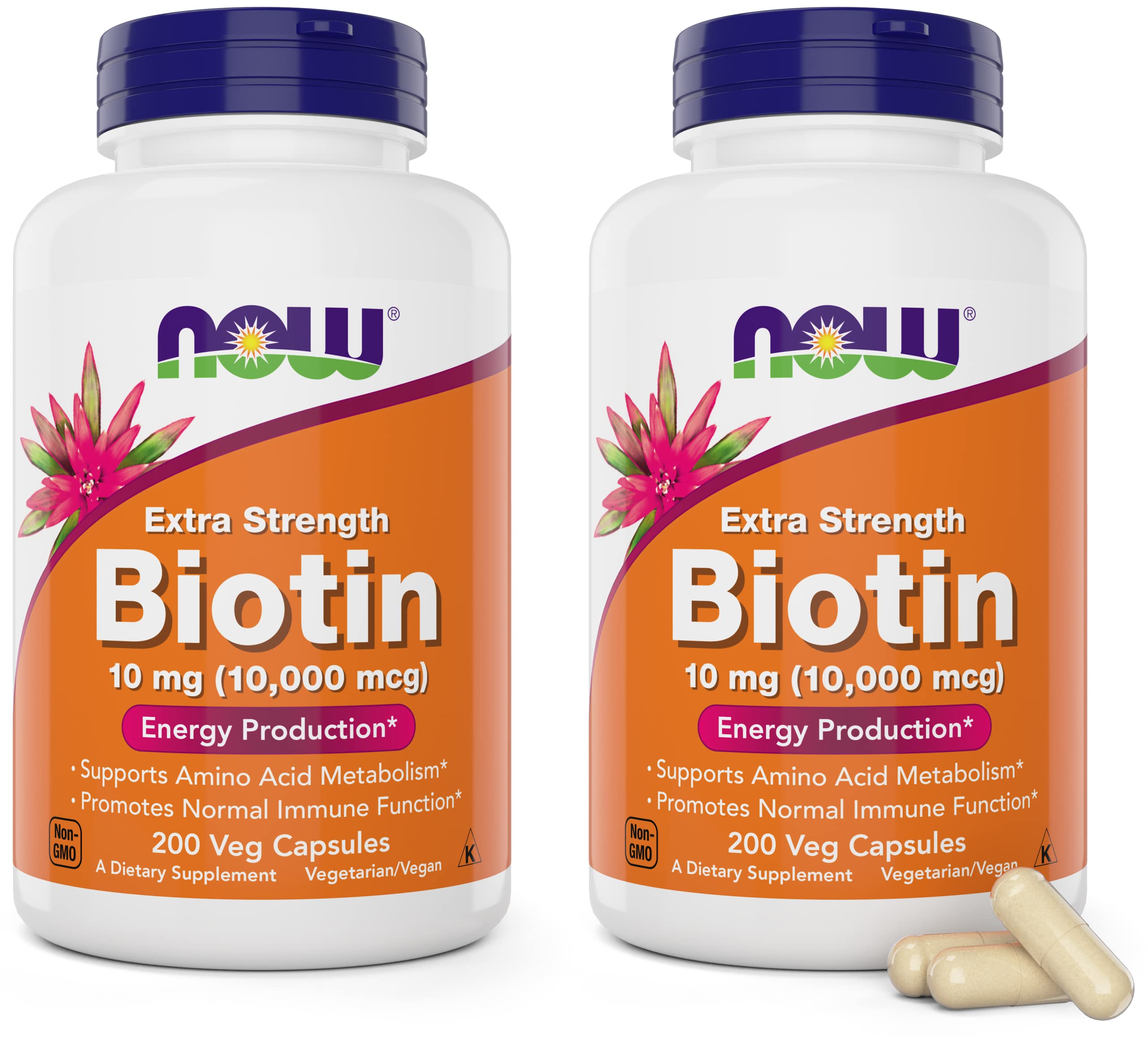 NOW Foods Biotin 10000 mcg bottle highlighting hair, skin, and nails support