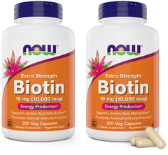 NOW Foods Biotin 10000 mcg bottle highlighting hair, skin, and nails support