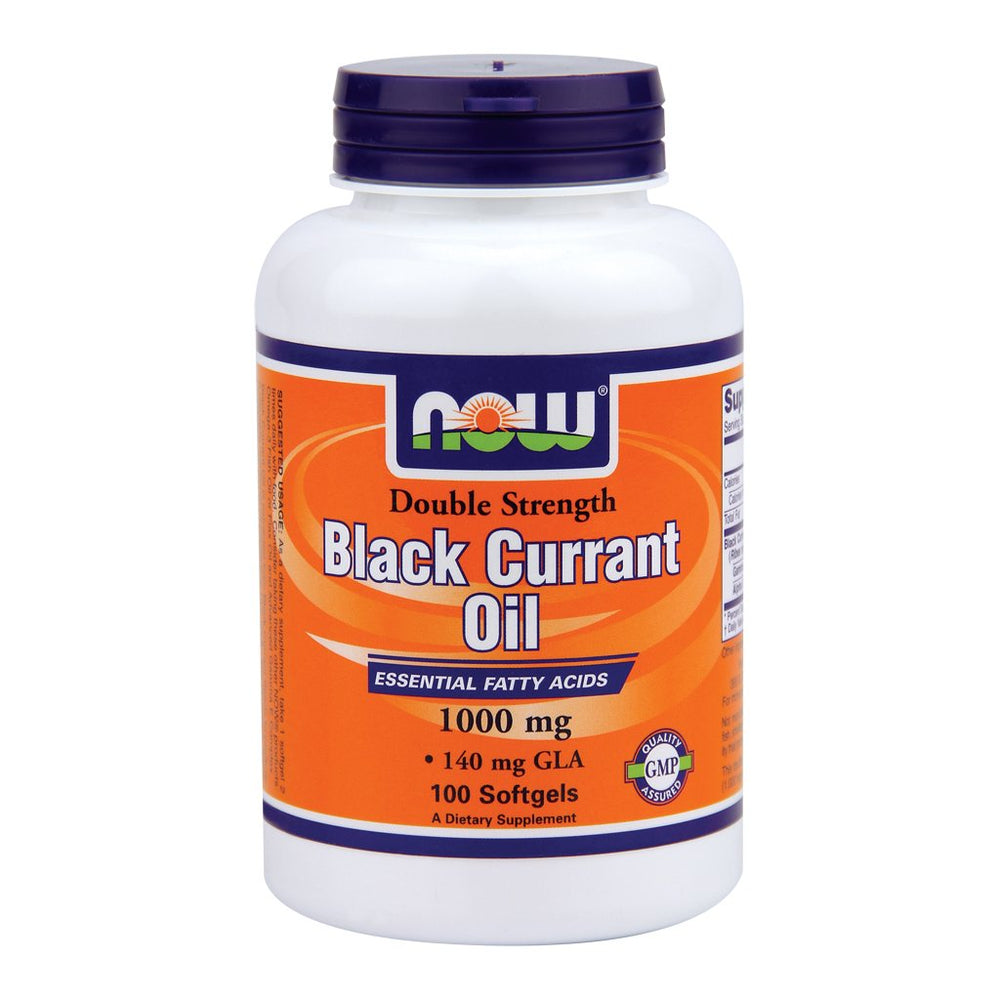 NOW Foods Black Currant Oil softgels bottle highlighting 1000 mg, rich in GLA and essential fatty acids.