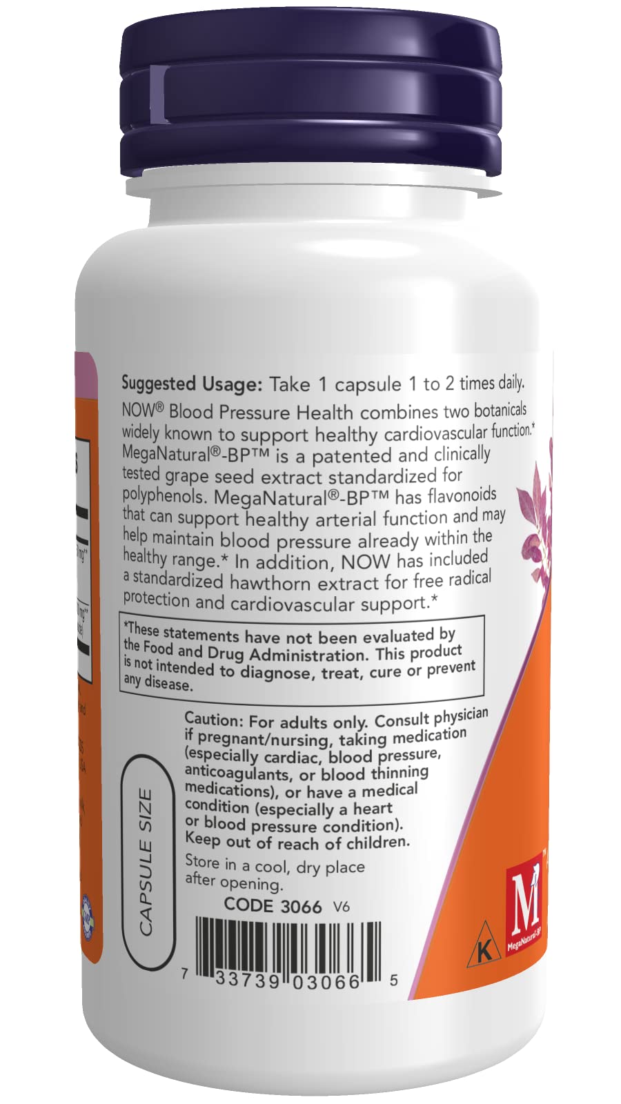 NOW Foods Blood Pressure Health bottle back showing dosage directions for informed use