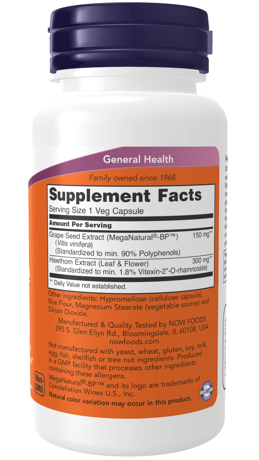 NOW Foods Blood Pressure Health bottle label close-up highlighting 2-pack value and convenient capsules