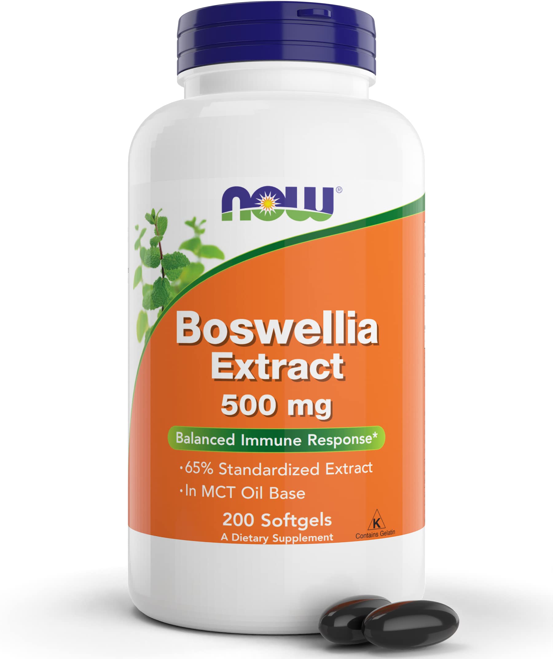 NOW Foods Boswellia 500 mg softgels bottle with MCT oil base; may support inflammatory comfort.