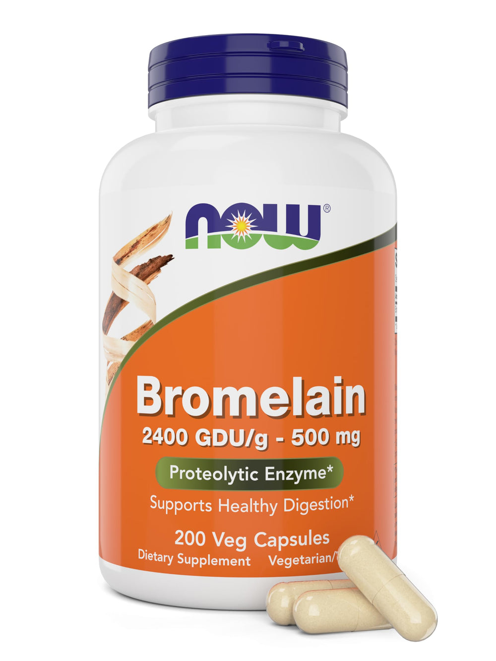 NOW Foods Bromelain 500 mg bottle front showing pineapple enzyme support for digestion