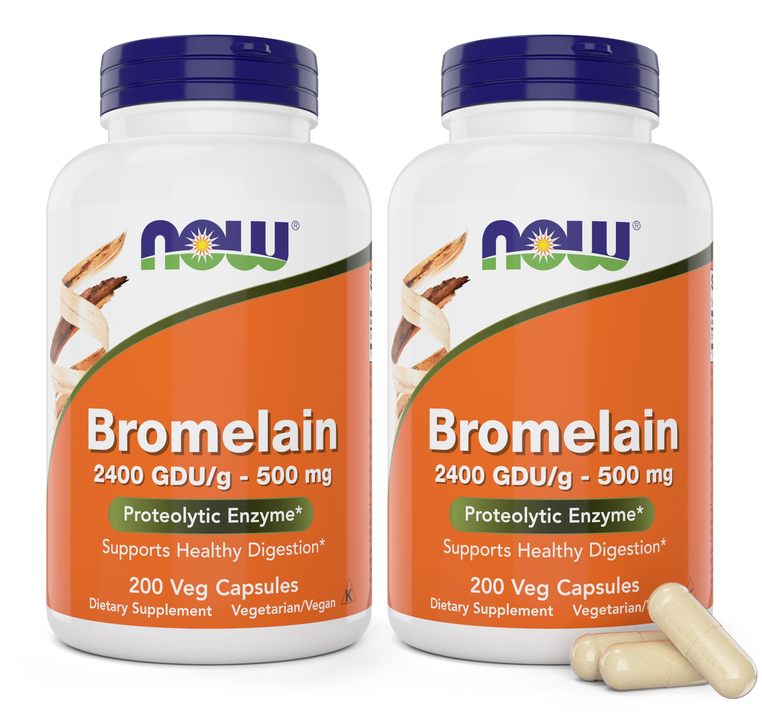 NOW Foods Bromelain 500 mg bottle, vegan digestive enzyme supplement for meals
