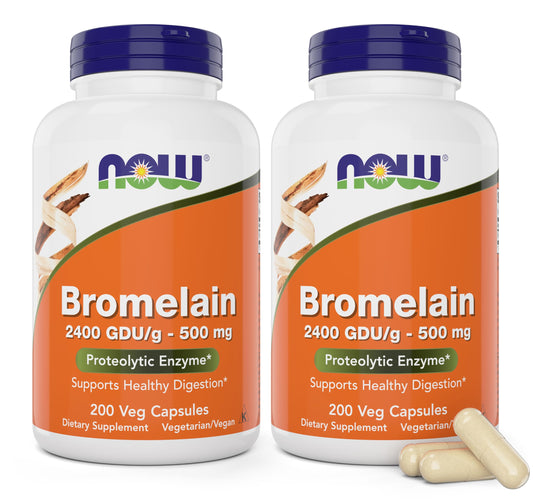 NOW Foods Bromelain 500 mg bottle, vegan digestive enzyme supplement for meals