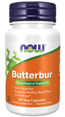 NOW Foods Butterbur bottle highlighting dietary supplement for neurological support potential.