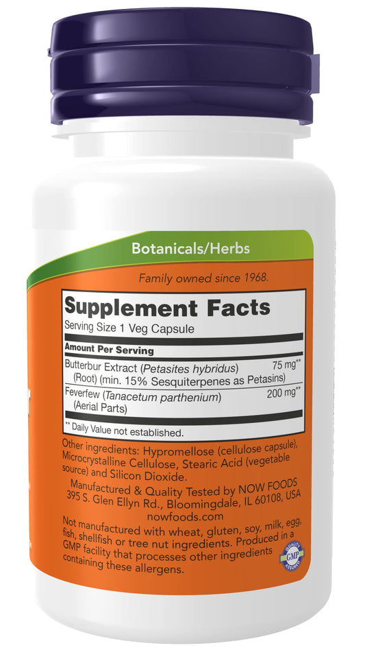 NOW Foods Butterbur label showing 2-pack value and feverfew inclusion.