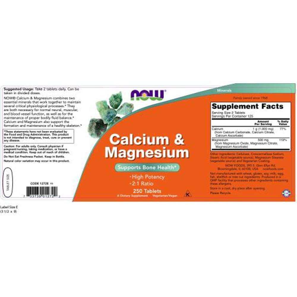 NOW Foods calcium magnesium pack label emphasizing two-in-one mineral support for neural and muscular function.