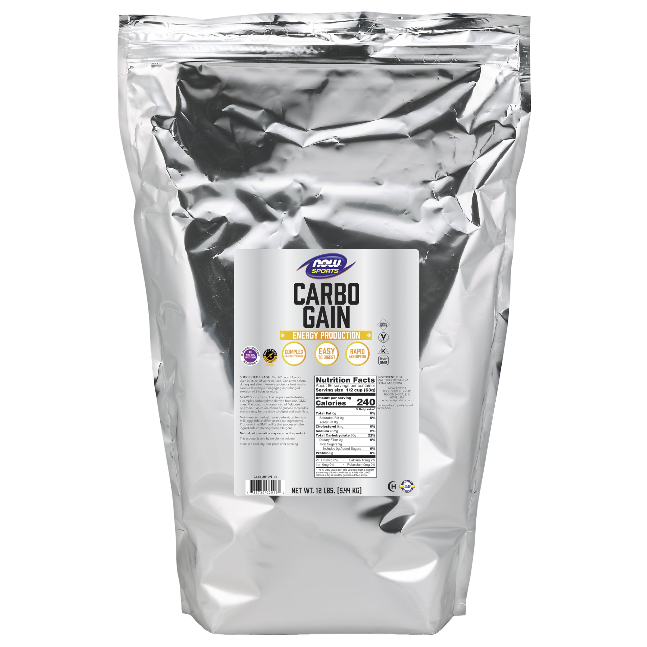 NOW Foods Carbo Gain bottle label highlights maltodextrin source for quick energy
