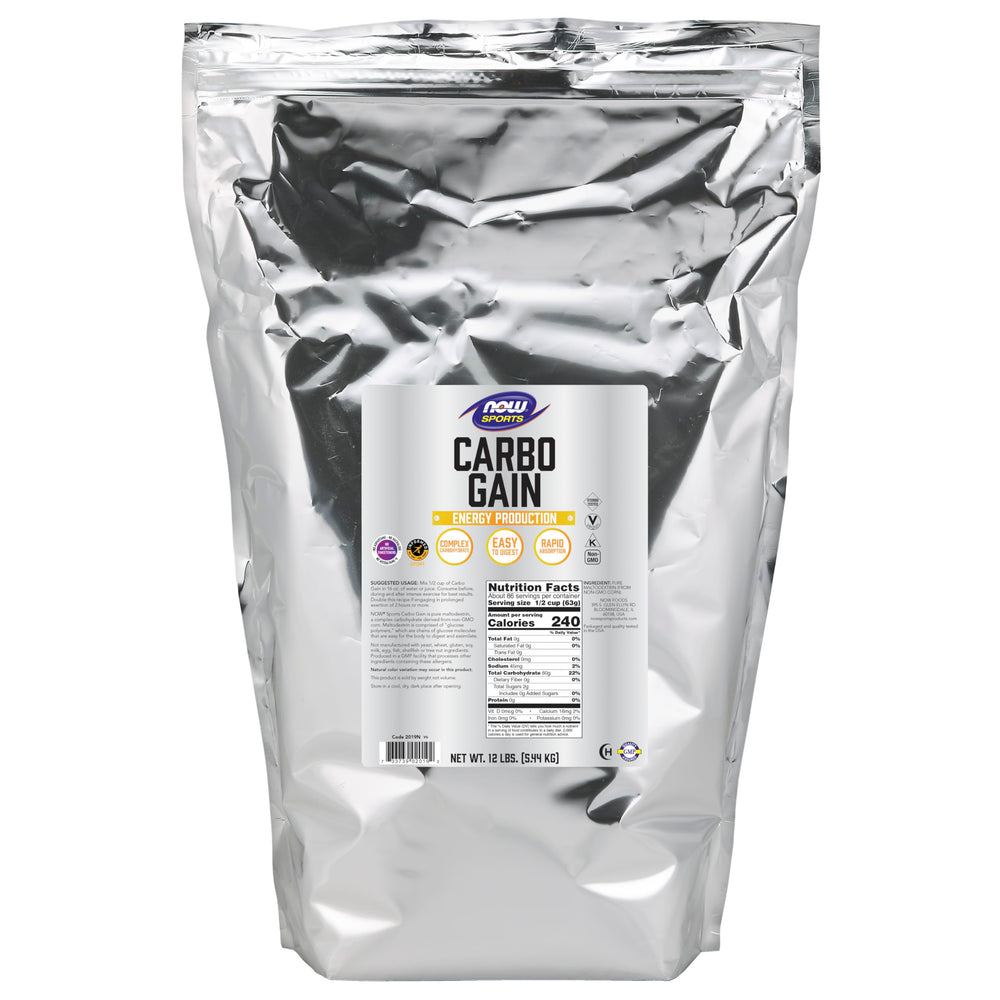 NOW Foods Carbo Gain bottle label highlights maltodextrin source for quick energy