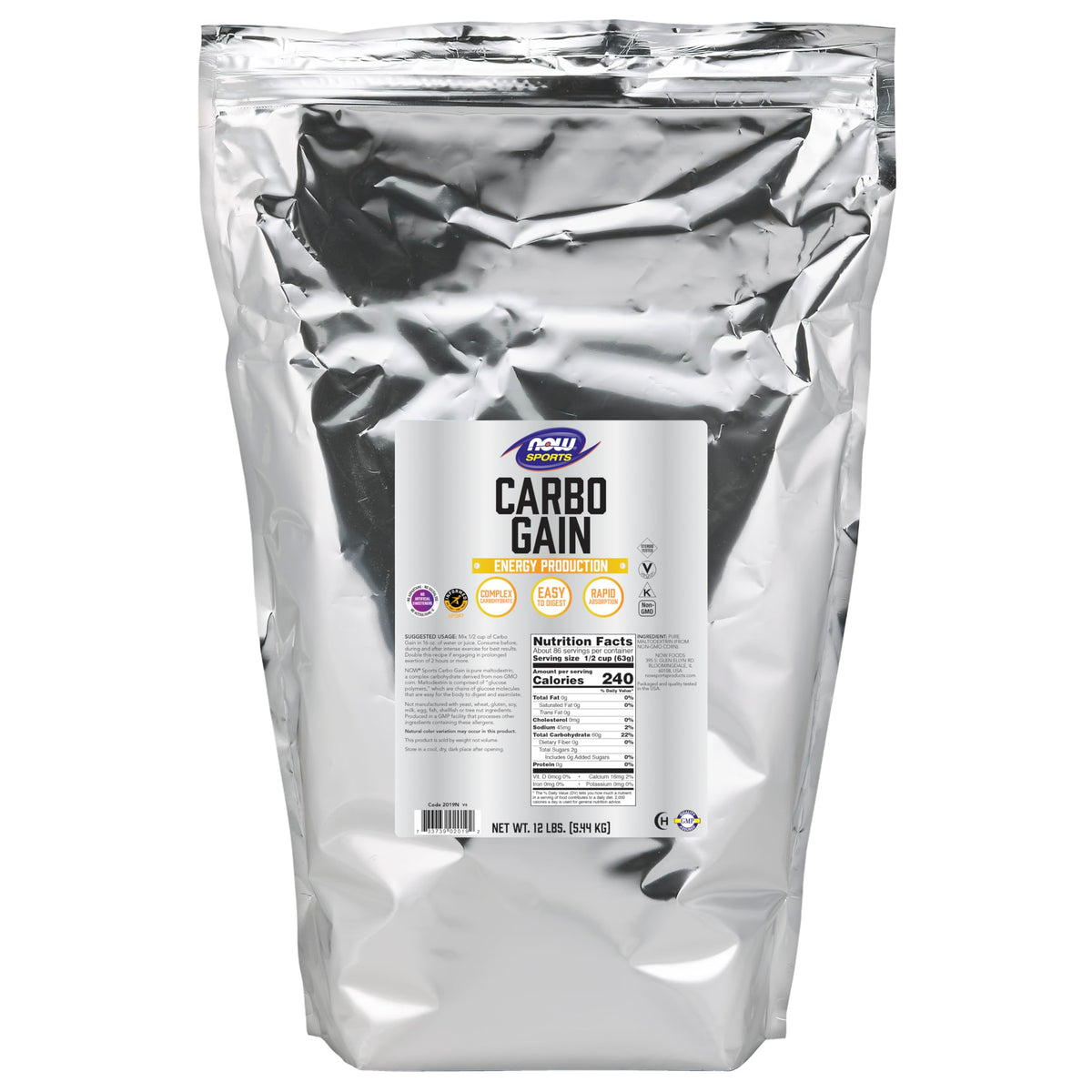 NOW Foods Carbo Gain bottle label highlights maltodextrin source for quick energy