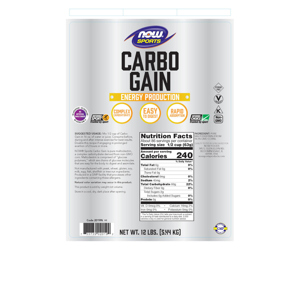 NOW Foods Carbo Gain powder scoop demonstrates easy mixing for shakes