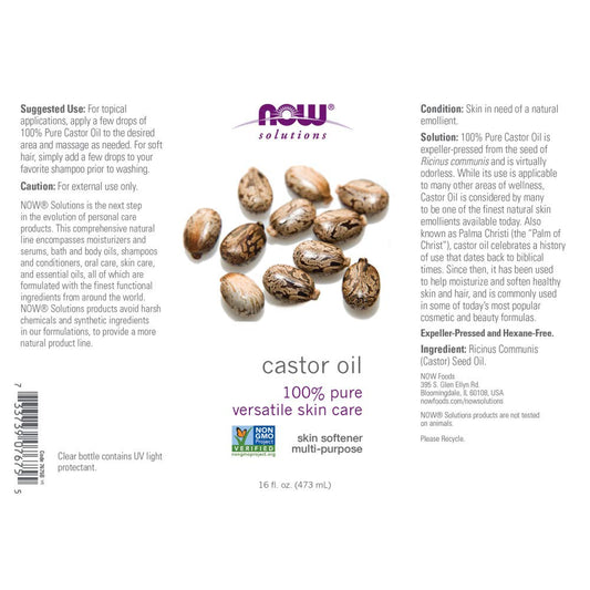 NOW Foods Castor Oil 3-pack label detail highlighting purity cues