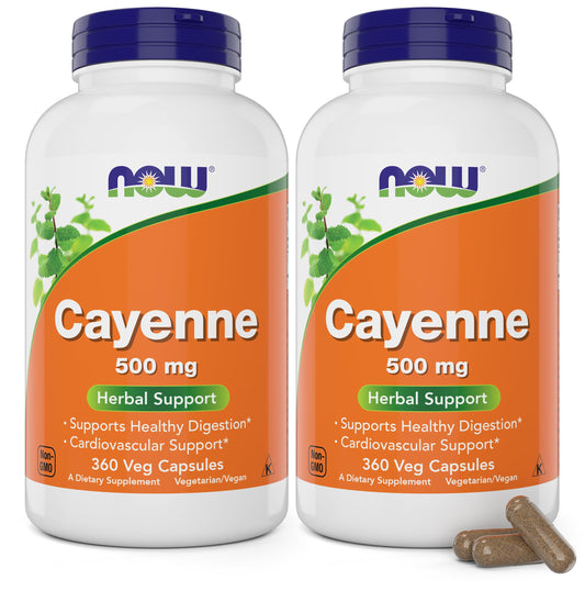 NOW Foods Cayenne 500 mg capsule bottle highlighting capsaicin-rich spice for daily digestive support