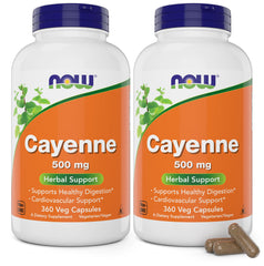 NOW Foods Cayenne 500 mg capsule bottle highlighting capsaicin-rich spice for daily digestive support