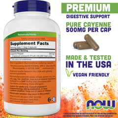 NOW Foods Cayenne 500 mg capsules pack showing vegan capsules for daily wellness