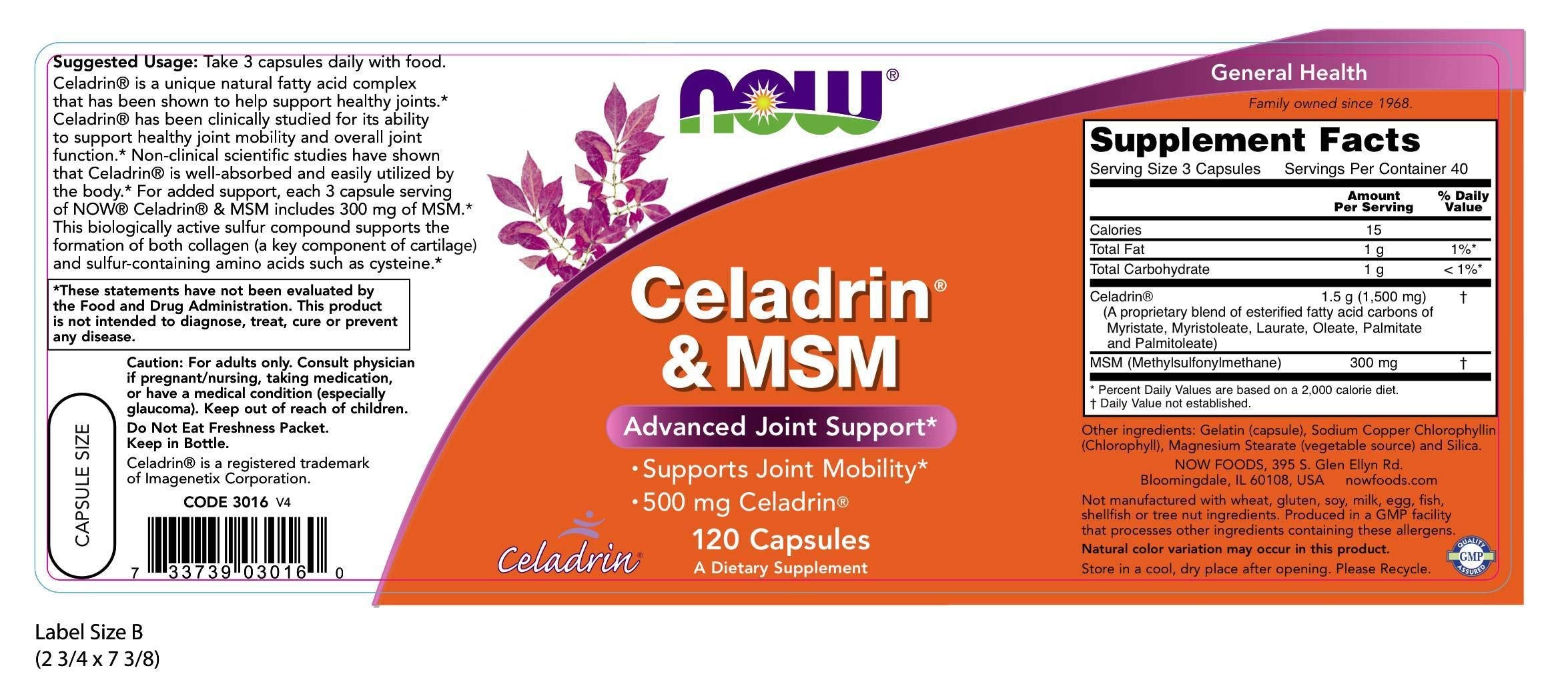 NOW Foods Celadrin® & MSM 500mg bottle back with label details for gluten-free joint support